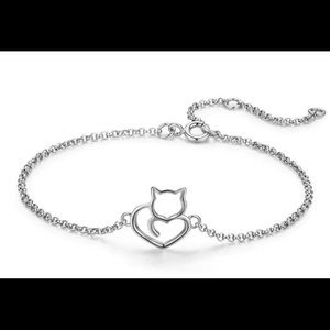 Silver Cat And Heart Link Chain Bracelets